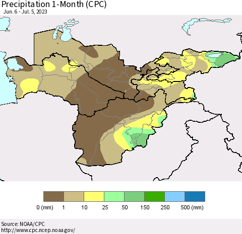 Central Asia Precipitation 1-Month (CPC) Thematic Map For 6/6/2023 - 7/5/2023