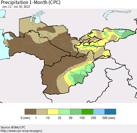 Central Asia Precipitation 1-Month (CPC) Thematic Map For 6/11/2023 - 7/10/2023