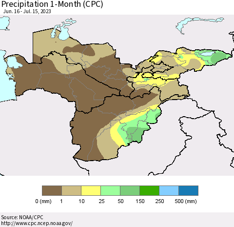 Central Asia Precipitation 1-Month (CPC) Thematic Map For 6/16/2023 - 7/15/2023
