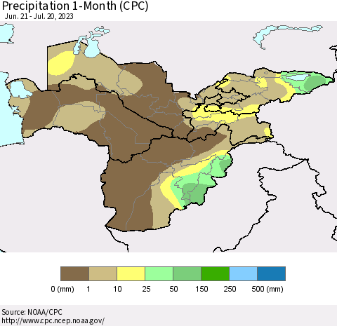 Central Asia Precipitation 1-Month (CPC) Thematic Map For 6/21/2023 - 7/20/2023