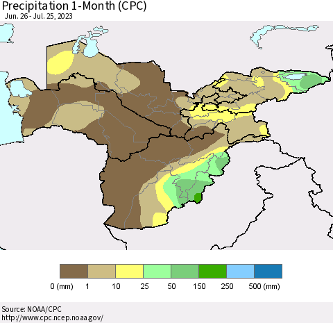 Central Asia Precipitation 1-Month (CPC) Thematic Map For 6/26/2023 - 7/25/2023
