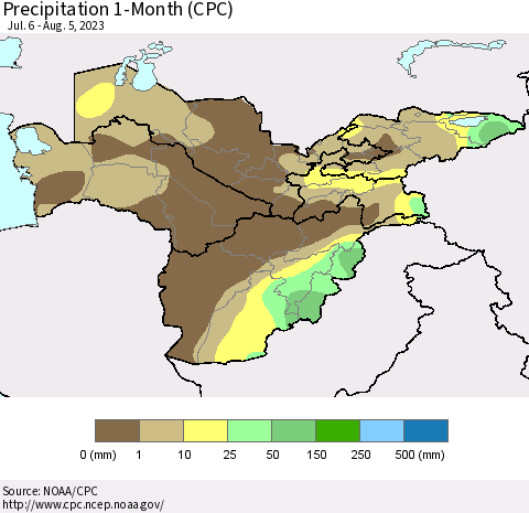Central Asia Precipitation 1-Month (CPC) Thematic Map For 7/6/2023 - 8/5/2023