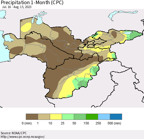 Central Asia Precipitation 1-Month (CPC) Thematic Map For 7/16/2023 - 8/15/2023