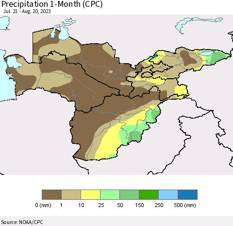 Central Asia Precipitation 1-Month (CPC) Thematic Map For 7/21/2023 - 8/20/2023