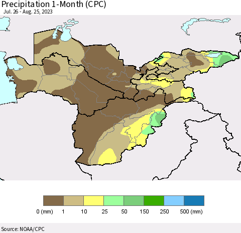 Central Asia Precipitation 1-Month (CPC) Thematic Map For 7/26/2023 - 8/25/2023