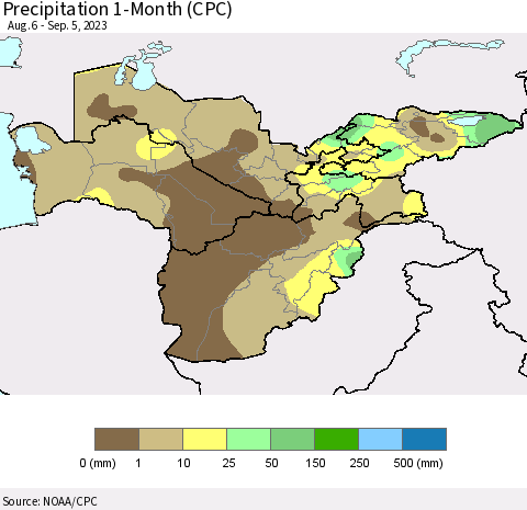 Central Asia Precipitation 1-Month (CPC) Thematic Map For 8/6/2023 - 9/5/2023