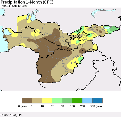 Central Asia Precipitation 1-Month (CPC) Thematic Map For 8/11/2023 - 9/10/2023