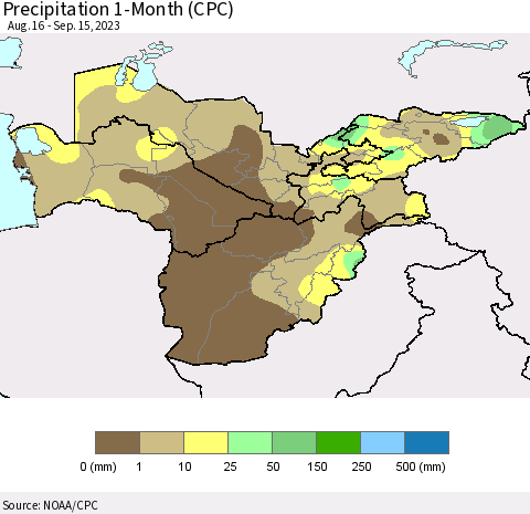 Central Asia Precipitation 1-Month (CPC) Thematic Map For 8/16/2023 - 9/15/2023