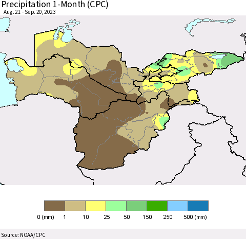 Central Asia Precipitation 1-Month (CPC) Thematic Map For 8/21/2023 - 9/20/2023