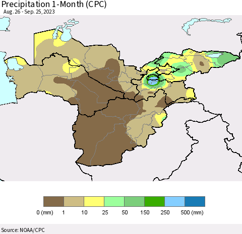 Central Asia Precipitation 1-Month (CPC) Thematic Map For 8/26/2023 - 9/25/2023