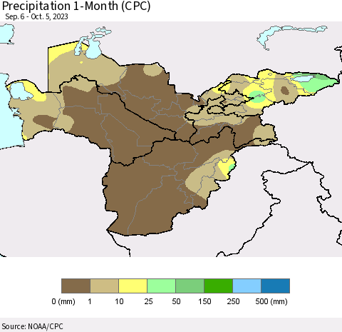Central Asia Precipitation 1-Month (CPC) Thematic Map For 9/6/2023 - 10/5/2023