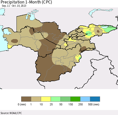 Central Asia Precipitation 1-Month (CPC) Thematic Map For 9/11/2023 - 10/10/2023