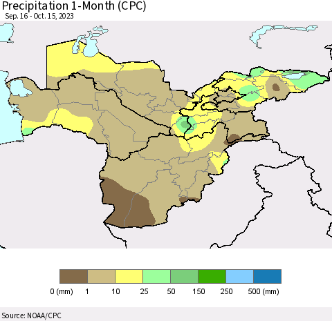 Central Asia Precipitation 1-Month (CPC) Thematic Map For 9/16/2023 - 10/15/2023