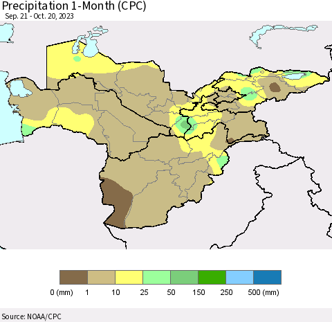 Central Asia Precipitation 1-Month (CPC) Thematic Map For 9/21/2023 - 10/20/2023
