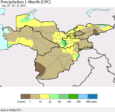 Central Asia Precipitation 1-Month (CPC) Thematic Map For 9/26/2023 - 10/25/2023
