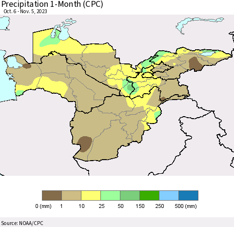 Central Asia Precipitation 1-Month (CPC) Thematic Map For 10/6/2023 - 11/5/2023