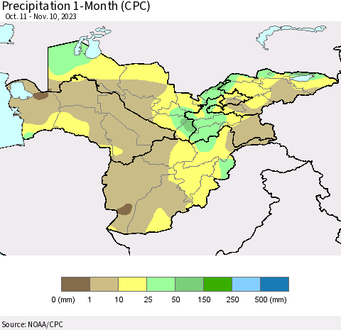 Central Asia Precipitation 1-Month (CPC) Thematic Map For 10/11/2023 - 11/10/2023