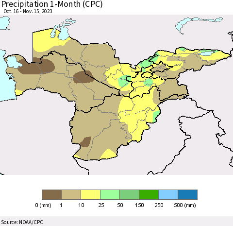 Central Asia Precipitation 1-Month (CPC) Thematic Map For 10/16/2023 - 11/15/2023