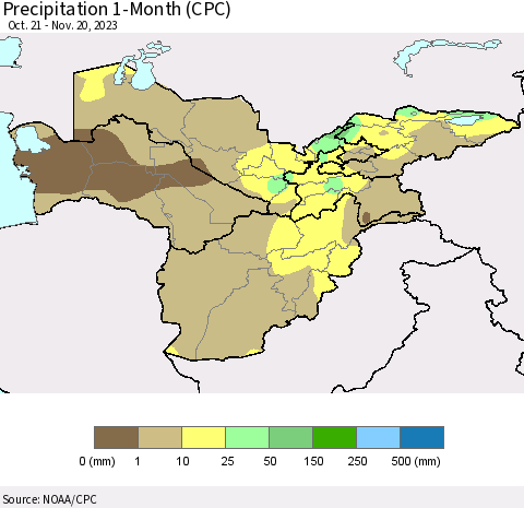 Central Asia Precipitation 1-Month (CPC) Thematic Map For 10/21/2023 - 11/20/2023