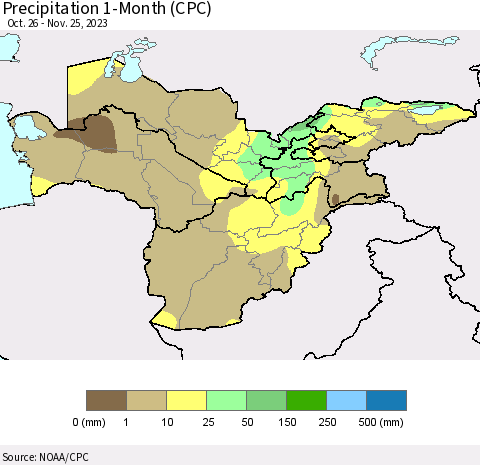 Central Asia Precipitation 1-Month (CPC) Thematic Map For 10/26/2023 - 11/25/2023