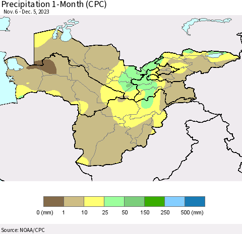 Central Asia Precipitation 1-Month (CPC) Thematic Map For 11/6/2023 - 12/5/2023
