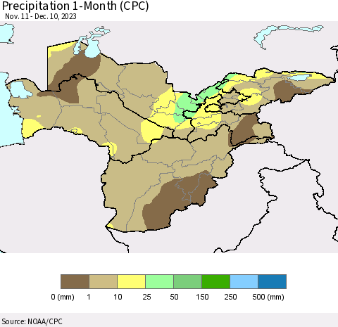 Central Asia Precipitation 1-Month (CPC) Thematic Map For 11/11/2023 - 12/10/2023
