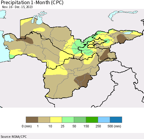 Central Asia Precipitation 1-Month (CPC) Thematic Map For 11/16/2023 - 12/15/2023
