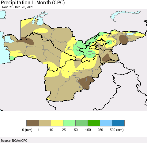 Central Asia Precipitation 1-Month (CPC) Thematic Map For 11/21/2023 - 12/20/2023