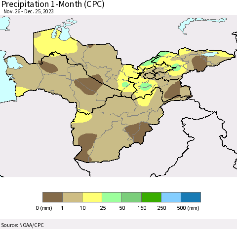 Central Asia Precipitation 1-Month (CPC) Thematic Map For 11/26/2023 - 12/25/2023