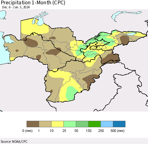 Central Asia Precipitation 1-Month (CPC) Thematic Map For 12/6/2023 - 1/5/2024