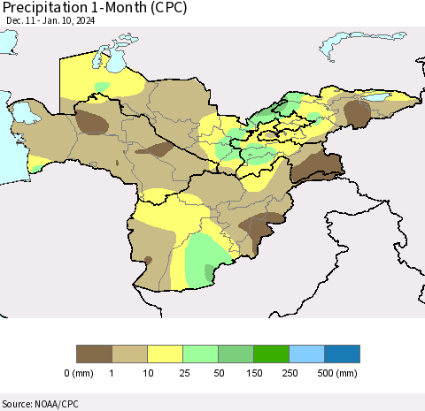 Central Asia Precipitation 1-Month (CPC) Thematic Map For 12/11/2023 - 1/10/2024