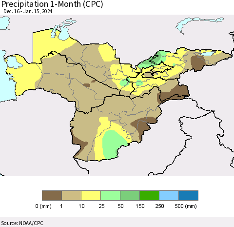Central Asia Precipitation 1-Month (CPC) Thematic Map For 12/16/2023 - 1/15/2024