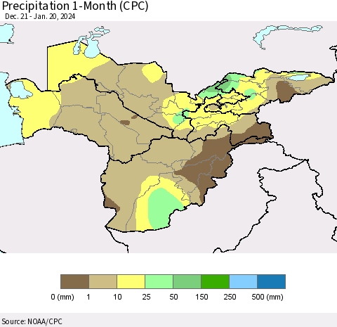 Central Asia Precipitation 1-Month (CPC) Thematic Map For 12/21/2023 - 1/20/2024
