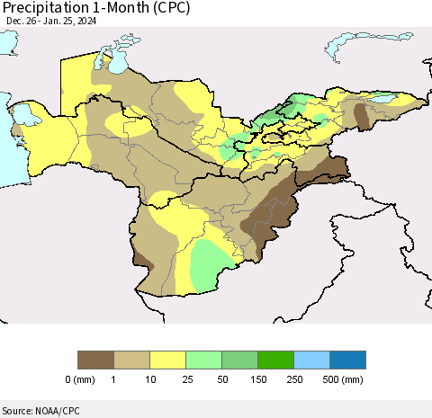 Central Asia Precipitation 1-Month (CPC) Thematic Map For 12/26/2023 - 1/25/2024