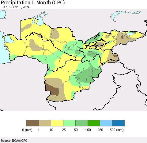 Central Asia Precipitation 1-Month (CPC) Thematic Map For 1/6/2024 - 2/5/2024