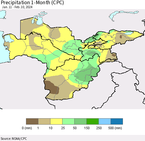 Central Asia Precipitation 1-Month (CPC) Thematic Map For 1/11/2024 - 2/10/2024