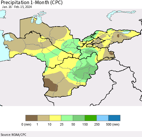 Central Asia Precipitation 1-Month (CPC) Thematic Map For 1/16/2024 - 2/15/2024