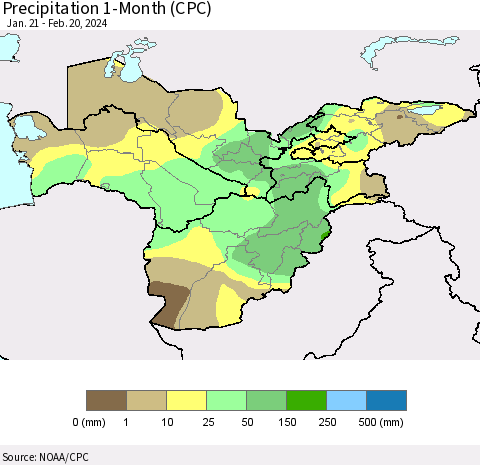 Central Asia Precipitation 1-Month (CPC) Thematic Map For 1/21/2024 - 2/20/2024