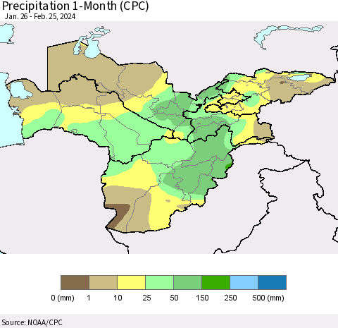 Central Asia Precipitation 1-Month (CPC) Thematic Map For 1/26/2024 - 2/25/2024