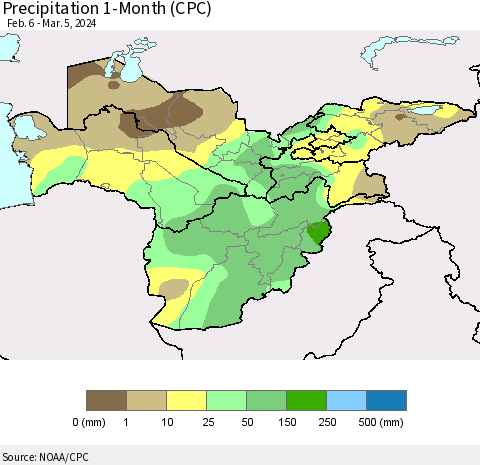 Central Asia Precipitation 1-Month (CPC) Thematic Map For 2/6/2024 - 3/5/2024