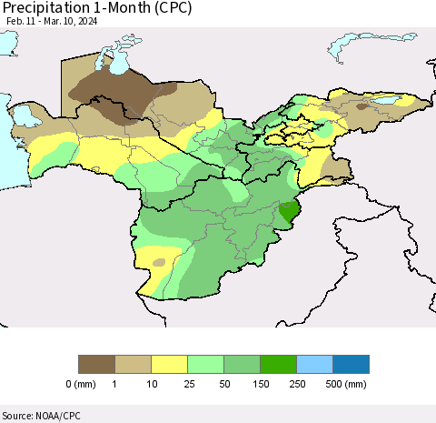 Central Asia Precipitation 1-Month (CPC) Thematic Map For 2/11/2024 - 3/10/2024
