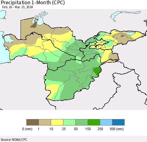 Central Asia Precipitation 1-Month (CPC) Thematic Map For 2/16/2024 - 3/15/2024