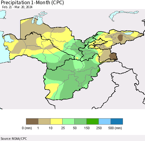 Central Asia Precipitation 1-Month (CPC) Thematic Map For 2/21/2024 - 3/20/2024