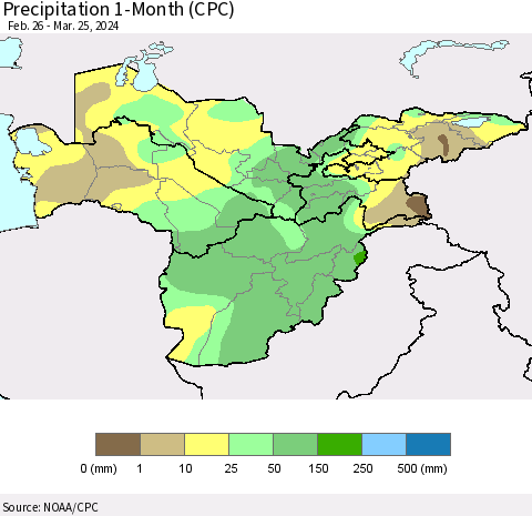 Central Asia Precipitation 1-Month (CPC) Thematic Map For 2/26/2024 - 3/25/2024