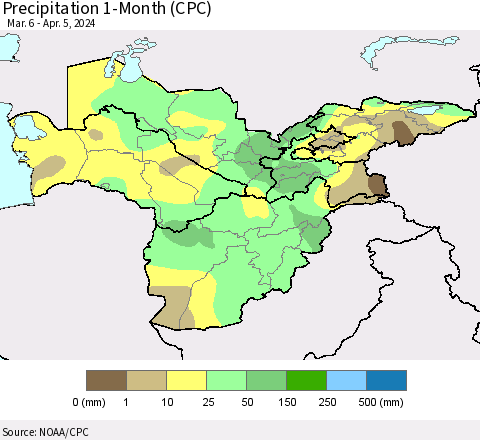 Central Asia Precipitation 1-Month (CPC) Thematic Map For 3/6/2024 - 4/5/2024