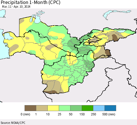 Central Asia Precipitation 1-Month (CPC) Thematic Map For 3/11/2024 - 4/10/2024