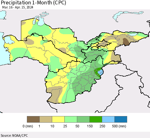 Central Asia Precipitation 1-Month (CPC) Thematic Map For 3/16/2024 - 4/15/2024