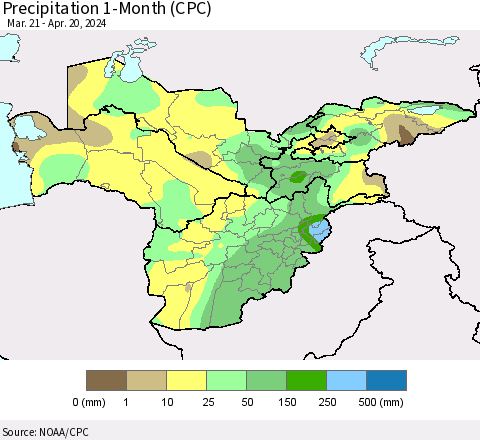 Central Asia Precipitation 1-Month (CPC) Thematic Map For 3/21/2024 - 4/20/2024