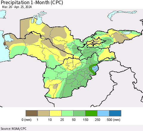 Central Asia Precipitation 1-Month (CPC) Thematic Map For 3/26/2024 - 4/25/2024