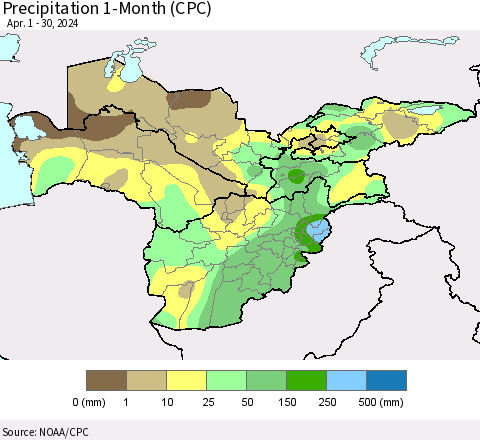 Central Asia Precipitation 1-Month (CPC) Thematic Map For 4/1/2024 - 4/30/2024